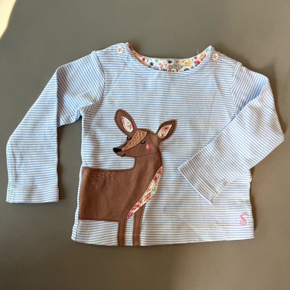 Joules Blue and Brown Deer Appliqué Kids Shirt